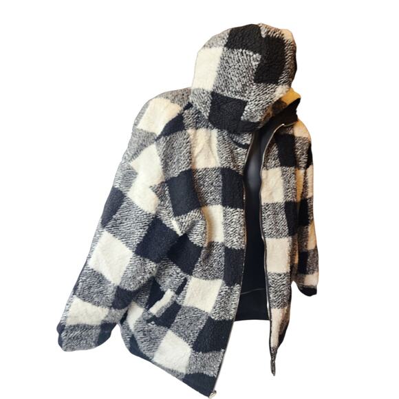 Buffalo Check Sherpa Fleece Jacket Large Black White Plaid Zip Hooded Coat Cozy - Picture 11 of 14